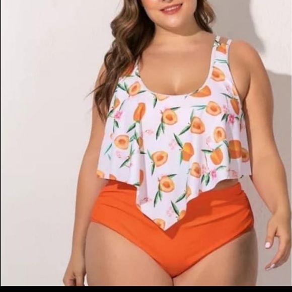 Plus size 2pcs set women biki the very high quality swimming printed ruffle peac - Picture 1 of 8